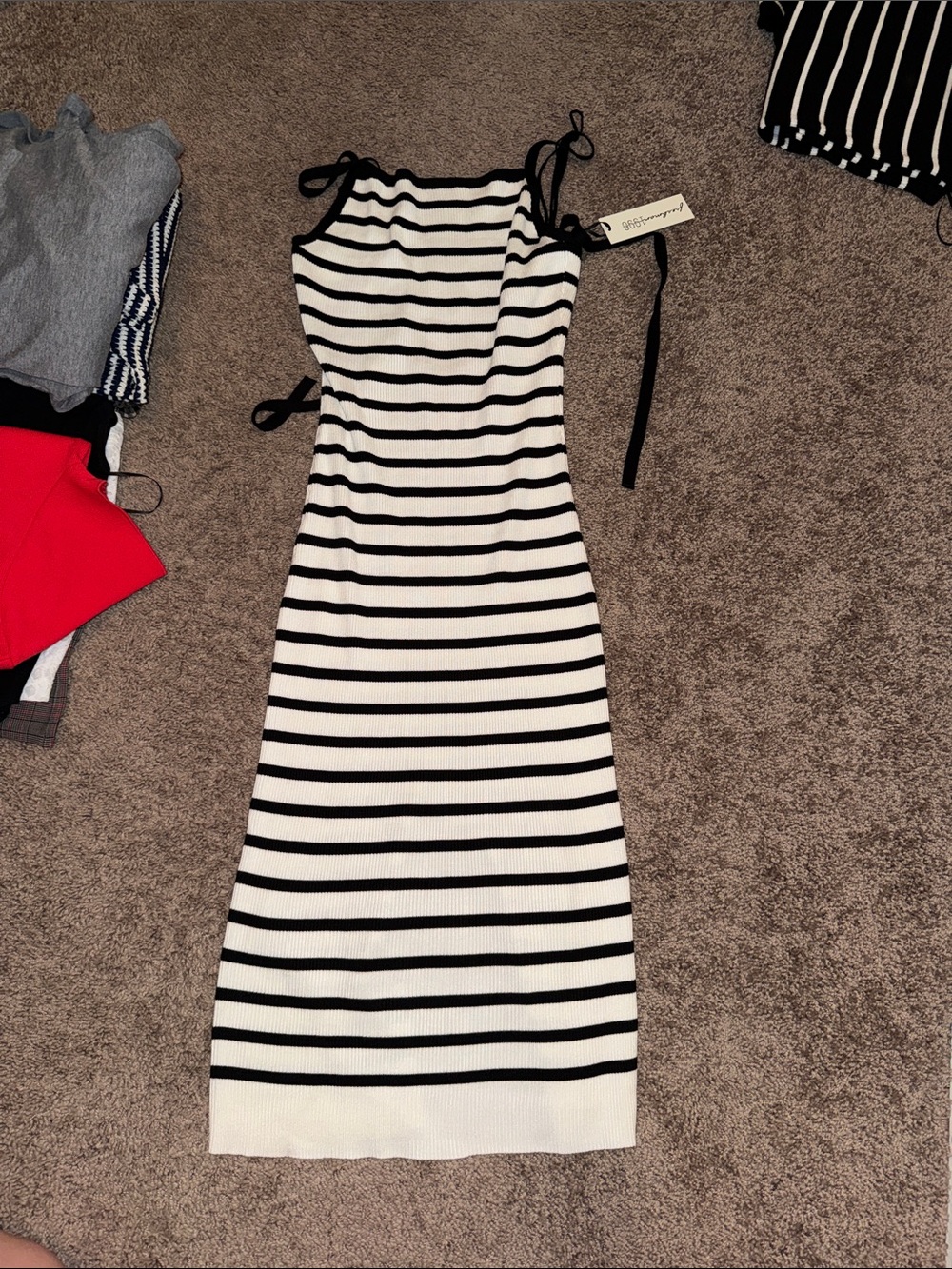 Black & White Striped Tie-Shoulder Midi Dress - Casual Chic